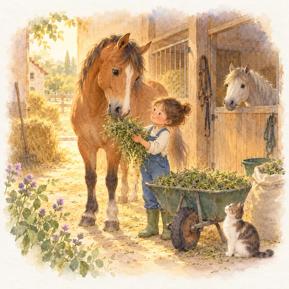 Une enfant présente une brassée de luzerne à un cheval bai dans l’écurie, près d’une brouette remplie de fourrage