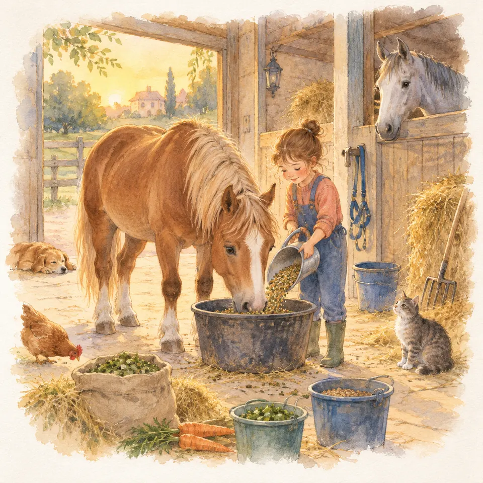 Une enfant verse des granulés dans une bassine où mange un poney alezan, devant un box occupé par un cheval gris