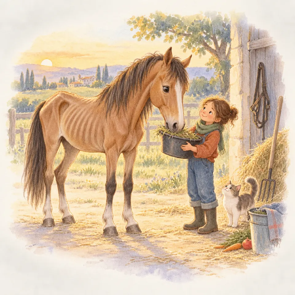 Une enfant tient un seau devant un cheval bai aux côtes saillantes, près d’une écurie et d’une clôture en bois