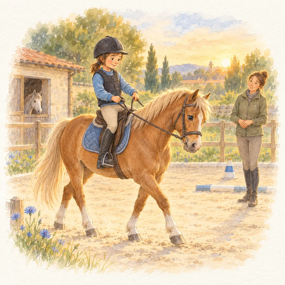 Une jeune cavalière tient les rênes d’un poney alezan au pas dans une carrière, sous le regard d’une monitrice