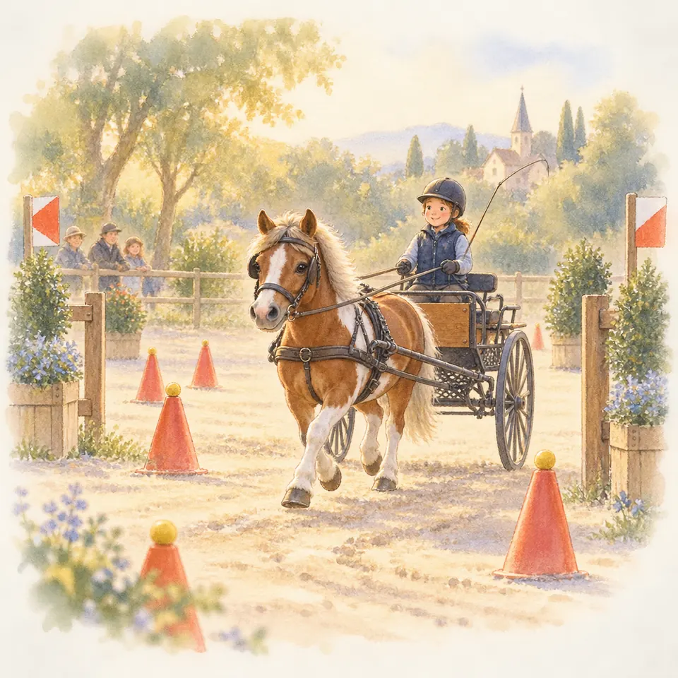 Un poney alezan attelé à une voiture menée par un enfant slalome entre des cônes sur un parcours de maniabilité