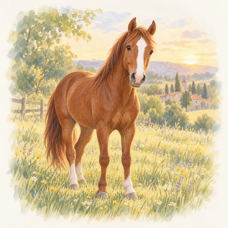 Un cheval alezan portant une large liste blanche sur le chanfrein et des balzanes se tient dans un pré fleuri
