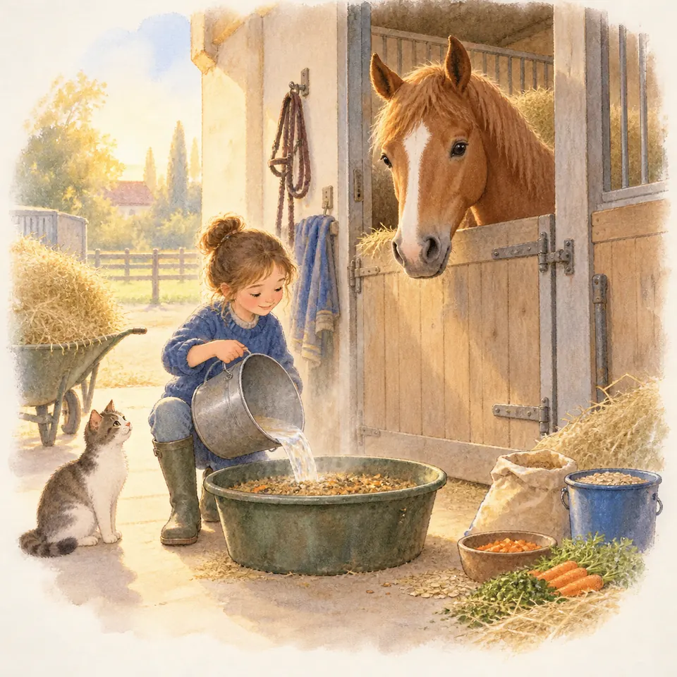 Une enfant verse de l’eau dans une bassine de mash devant un cheval alezan qui passe la tête au-dessus de sa porte de box