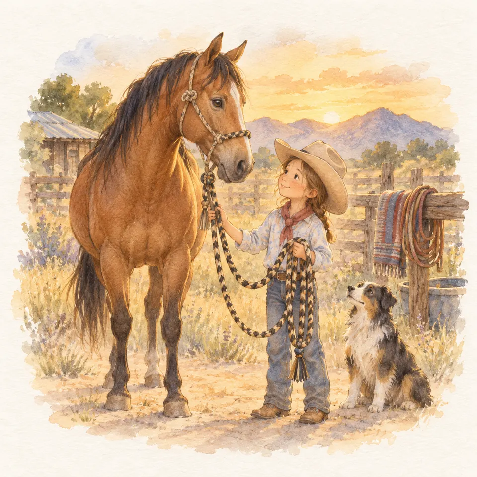 Une enfant coiffée d’un chapeau tient une mecate en corde tressée reliée au licol d’un cheval bai, près d’un chien