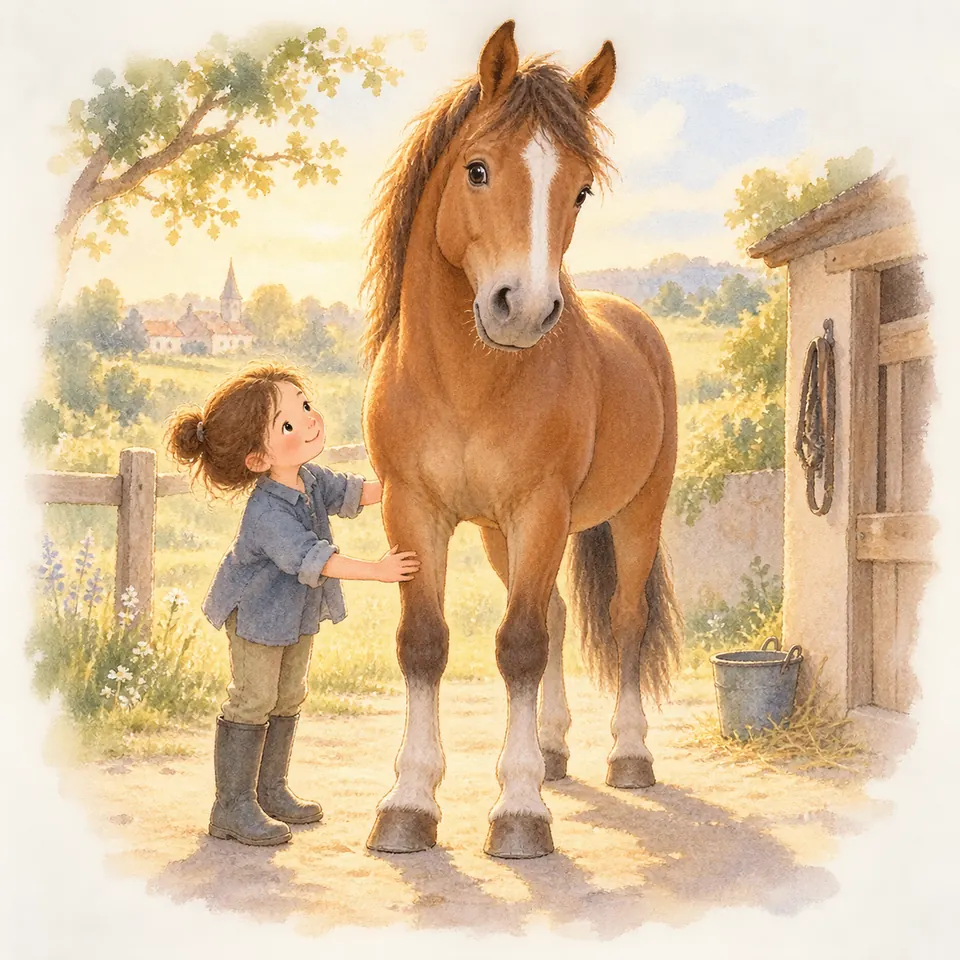 Une enfant pose les mains sur un membre antérieur d’un cheval alezan debout près d’une écurie
