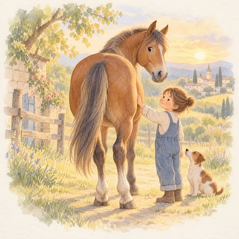 Une enfant touche la croupe d’un cheval alezan, près de ses membres postérieurs, avec un chien assis à ses côtés