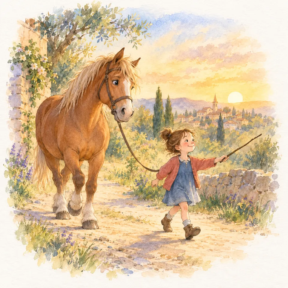 Une enfant mène un cheval alezan en longe sur un chemin, une baguette tendue devant elle