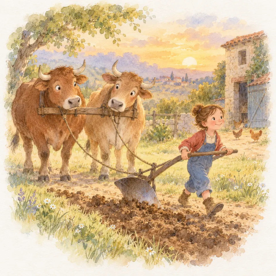 Une enfant tient les mancherons d’une charrue devant deux bœufs bruns sous un joug, près d’une ferme