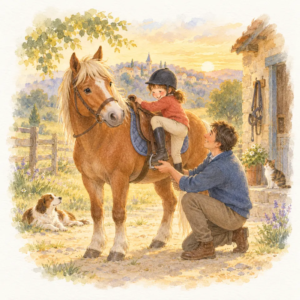 Un adulte accroupi aide une enfant casquée à placer son pied dans l’étrier d’un poney alezan près de l’écurie