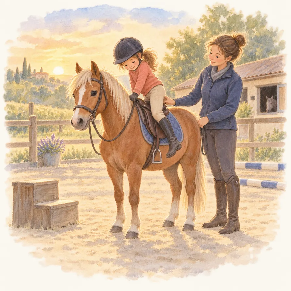 Une monitrice accompagne une enfant casquée qui se penche sur la selle d’un poney alezan pour descendre dans la cour