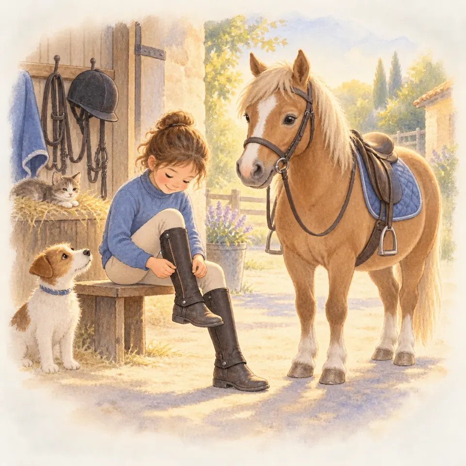 Une cavalière ajuste ses mini-chaps noires, assise sur un banc près d’un poney palomino sellé devant l’écurie