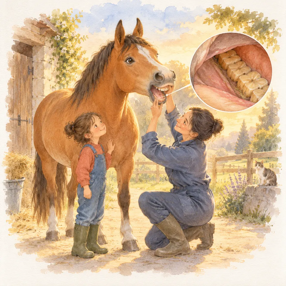 Une vétérinaire examine la bouche d’un cheval bai près d’une enfant, avec une vue détaillée des molaires
