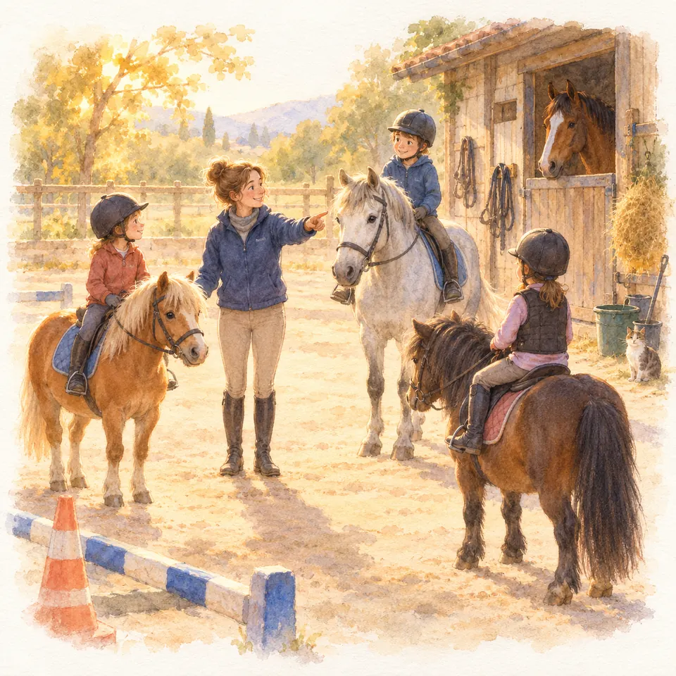 Une monitrice guide trois enfants casqués sur des poneys palomino, gris et bai dans la cour d’une écurie