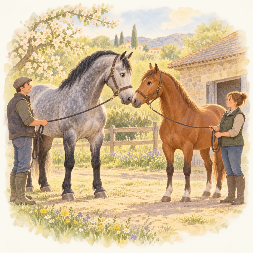 Un homme et une femme tiennent en longe un cheval gris et un cheval alezan qui se font face dans la cour d’une écurie