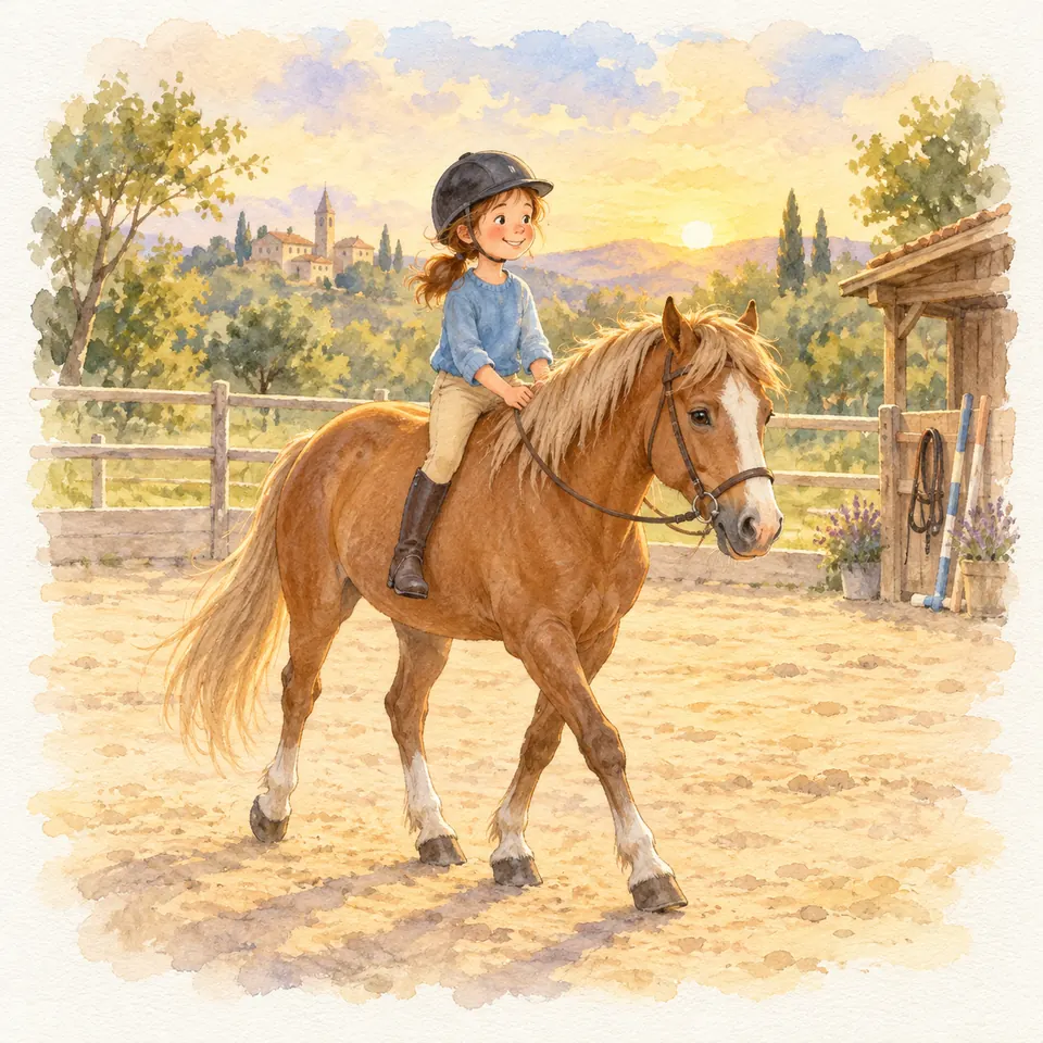 Une enfant casquée monte à cru un poney alezan aux crins clairs qui avance au pas dans la cour d’une écurie
