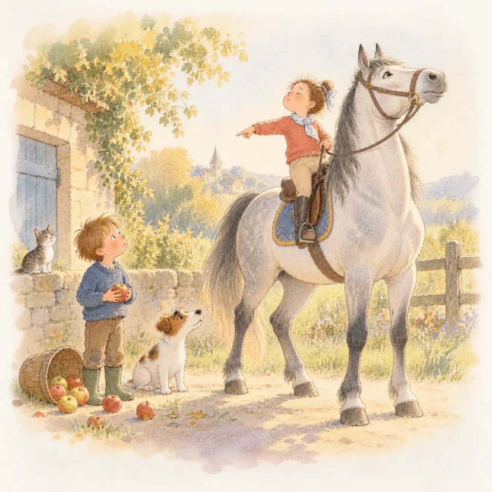 Une enfant sur un grand cheval gris pointe le doigt devant elle, tandis qu’un garçon et un chien la regardent près d’un mur