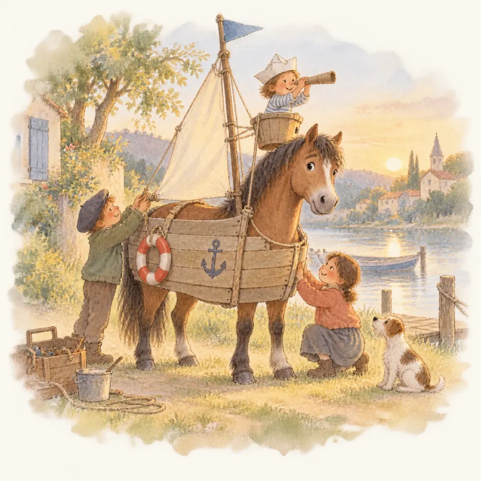 Trois enfants jouent autour d’un poney bai équipé d’une coque de bateau et d’une voile, au bord de l’eau