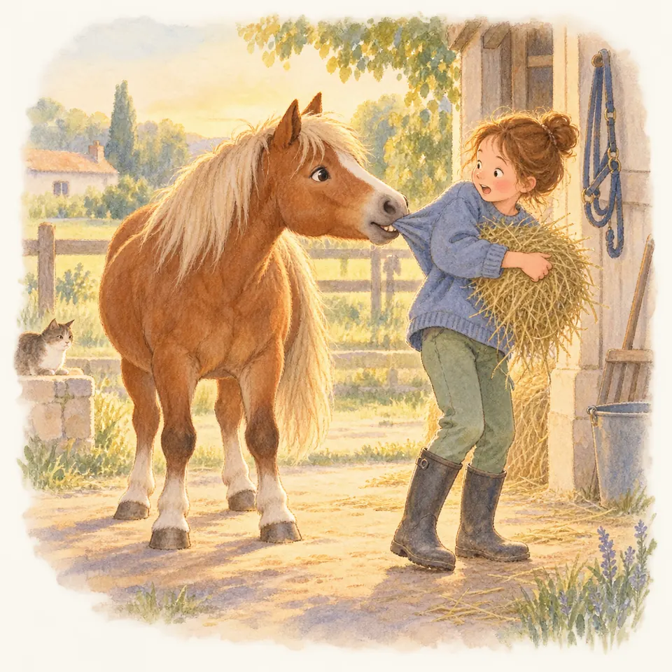 Un poney alezan aux crins lavés mord la manche d’une enfant qui porte une brassée de foin devant l’écurie