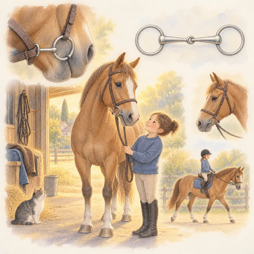 Une enfant tient un cheval alezan équipé d’un filet près de l’écurie, à côté d’un mors articulé à anneaux