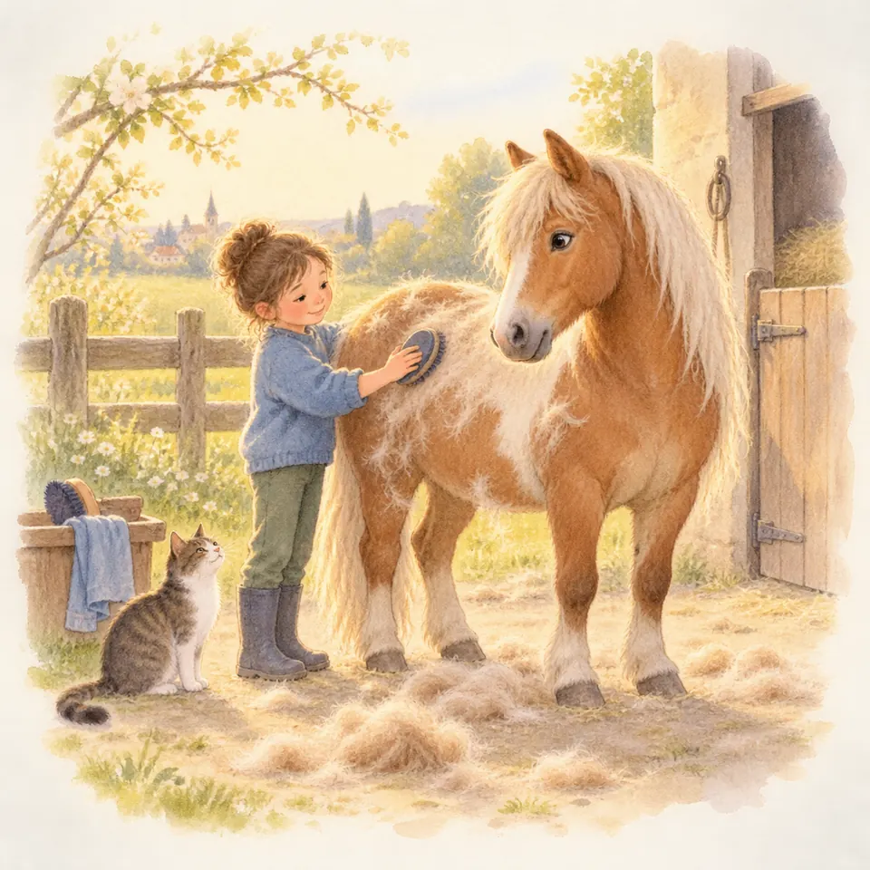 Une enfant brosse un poney alezan aux crins lavés devant l’écurie, tandis que des touffes de poils jonchent le sol