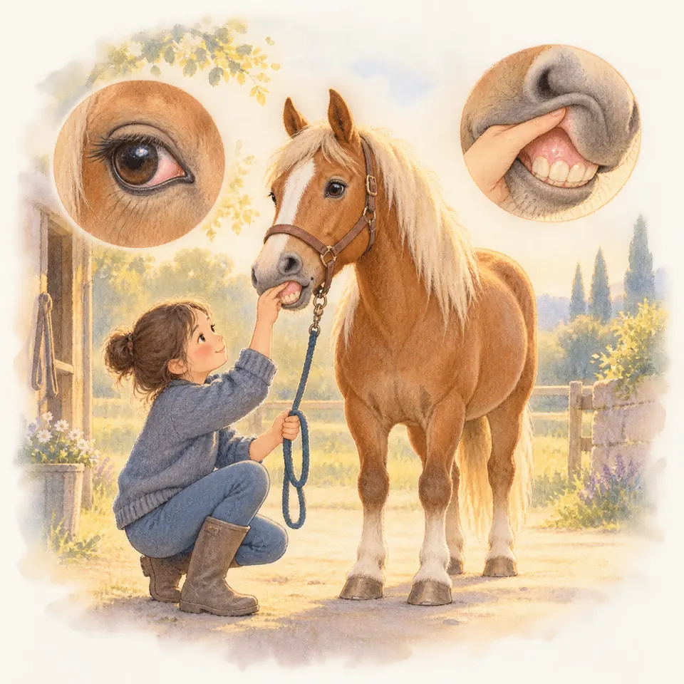 Une enfant accroupie soulève la lèvre d’un poney alezan au licol pour observer sa gencive devant l’écurie