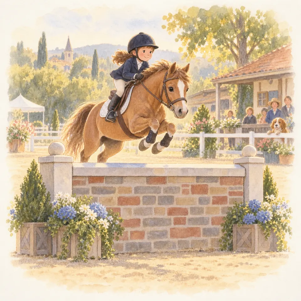 Une jeune cavalière et son poney alezan franchissent un obstacle en forme de mur de briques devant des spectateurs