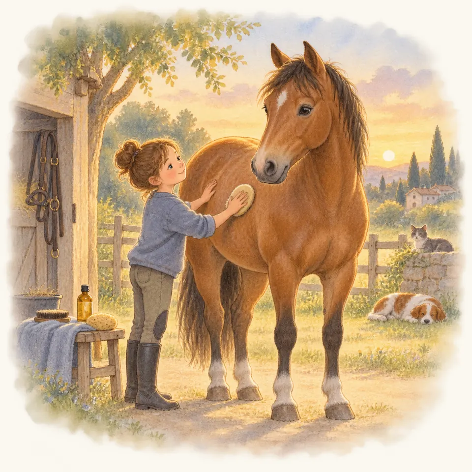 Une femme brosse le flanc d’un cheval bai debout devant l’écurie, près d’un tabouret portant du matériel de pansage