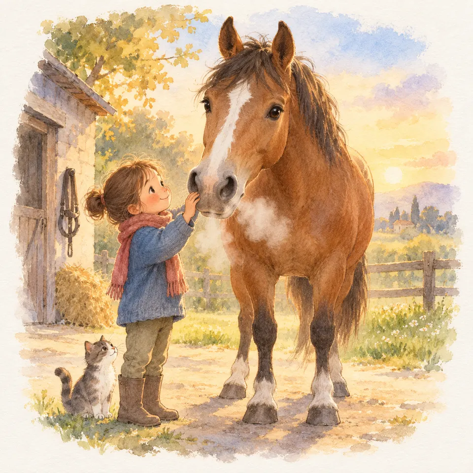 Une enfant touche le bout du nez d’un cheval bai à large liste blanche devant l’écurie, avec un chat à ses pieds