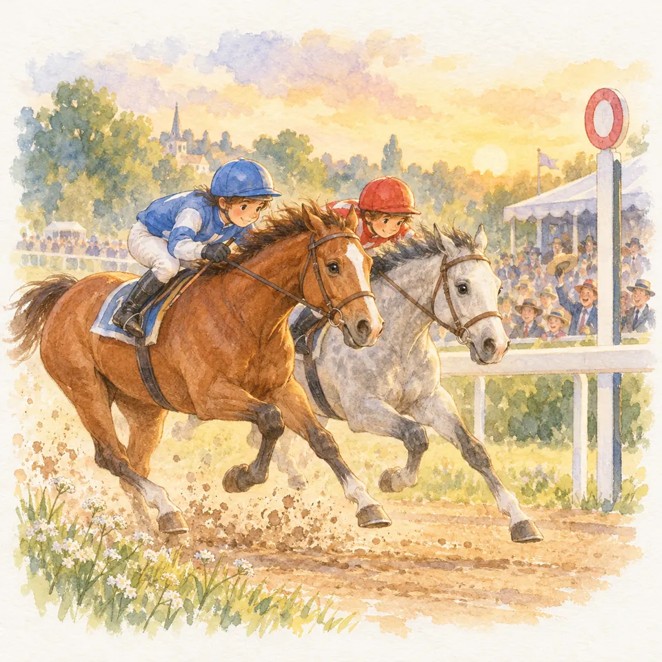 Deux chevaux, un alezan et un gris, galopent au coude à coude avec leurs jockeys près de la lice et du public