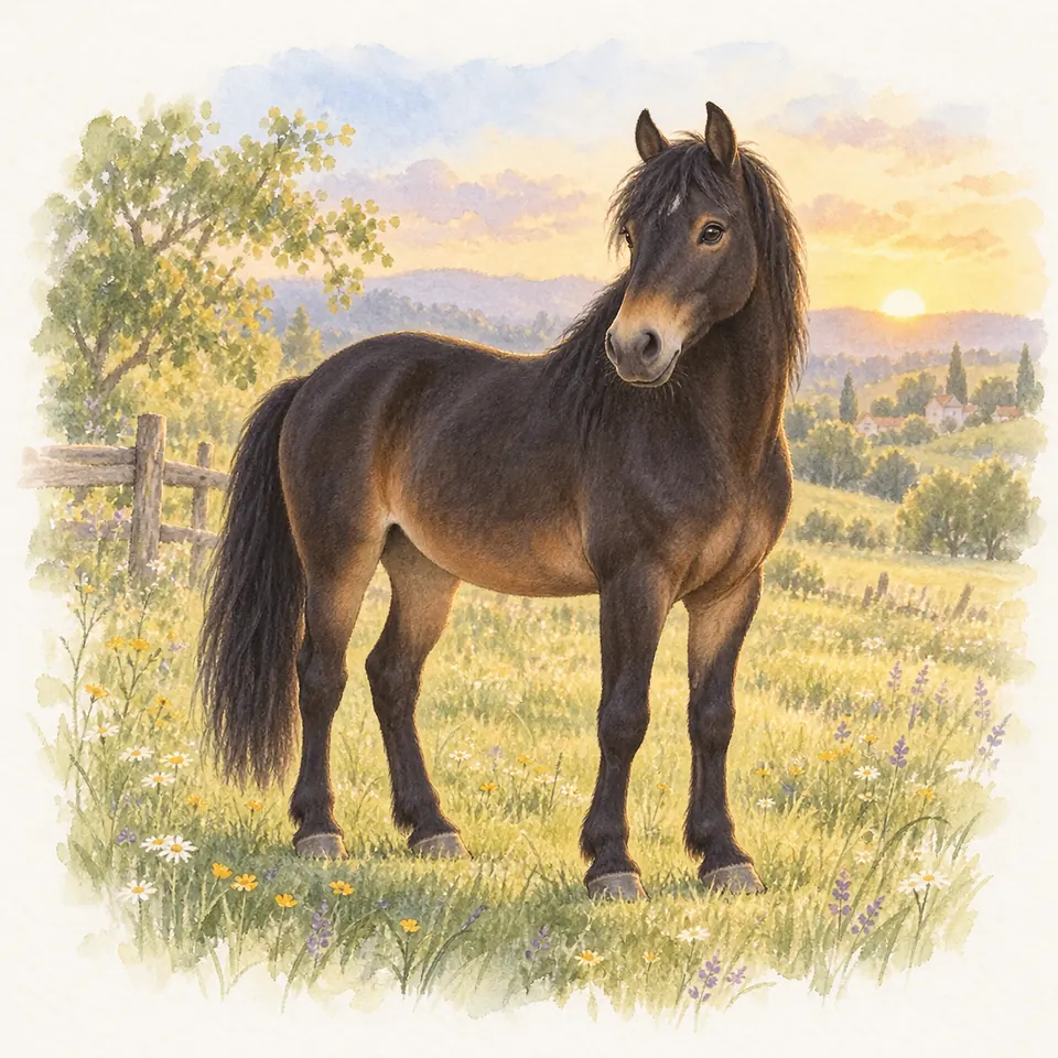 Un cheval noir pangaré au museau et au ventre plus clairs se tient dans un pré fleuri bordé d’une clôture en bois