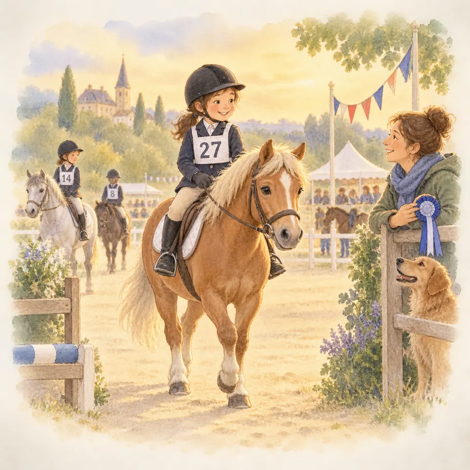 Une enfant portant le dossard 27 monte un poney palomino, près d’une femme et d’un chien au bord de la piste