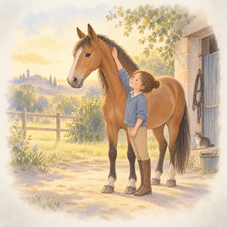 Une jeune fille pose la main sur la nuque d’un cheval bai, juste derrière ses oreilles, devant une écurie