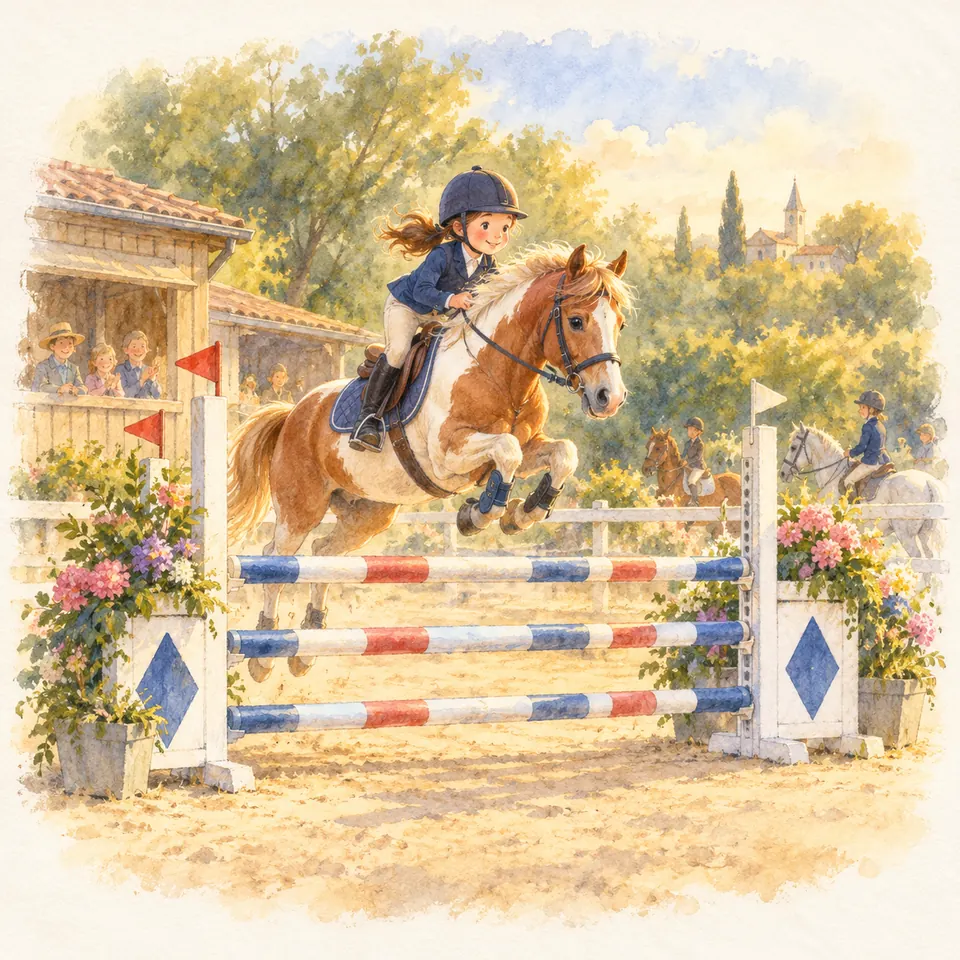Une jeune cavalière sur un poney pie alezan franchit un obstacle à barres bleues, blanches et rouges dans une carrière