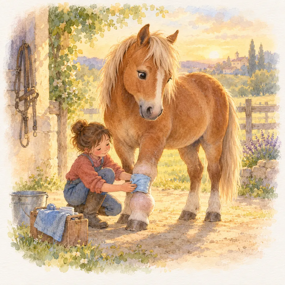 Une jeune fille accroupie ajuste une bande bleue autour de l’antérieur d’un poney palomino devant une écurie