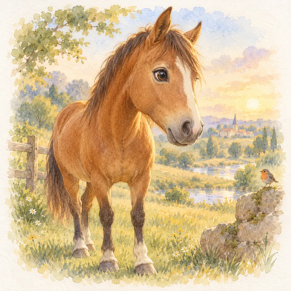 Un poney bai à la liste blanche et à l’œil sombre se tient dans un pré fleuri, près d’un oiseau posé sur une pierre