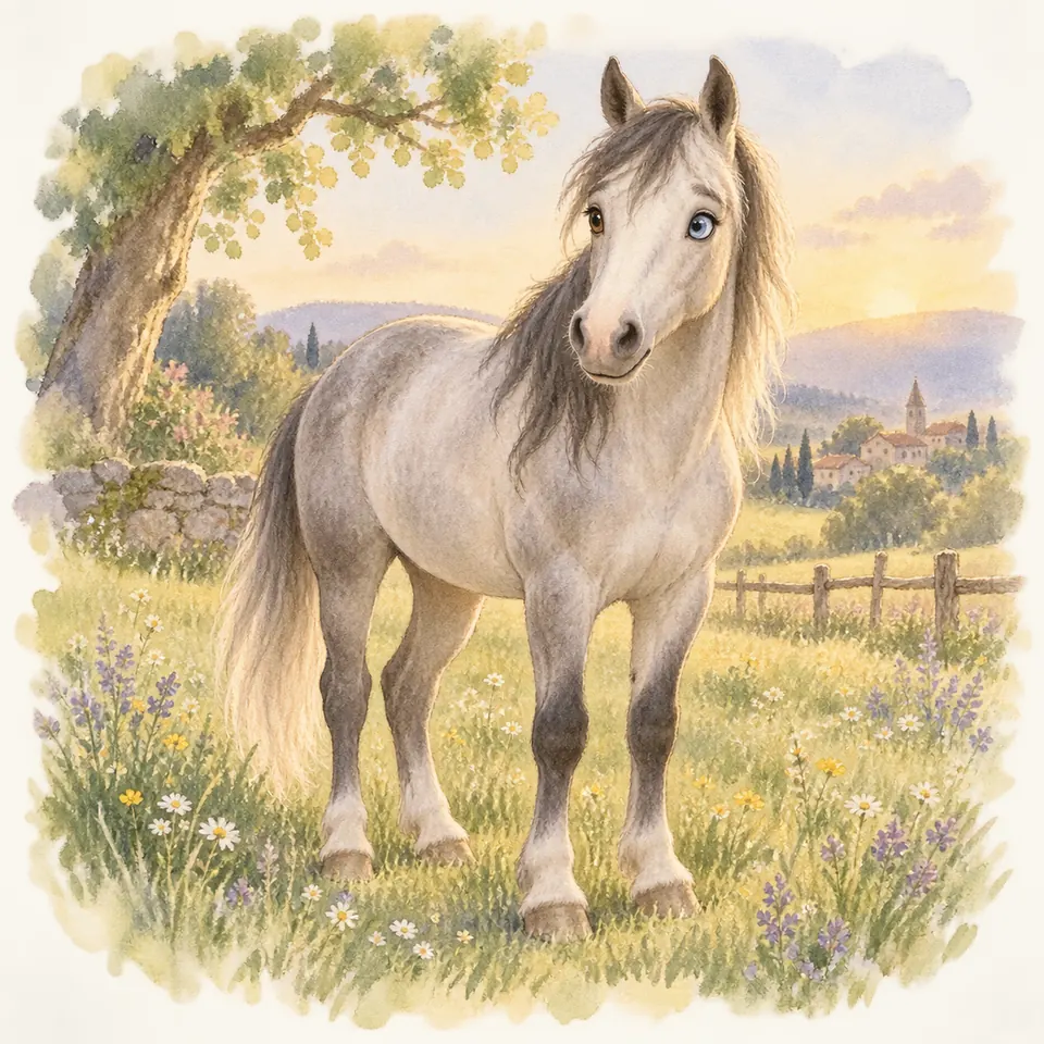 Un poney gris aux yeux vairons, l’un bleu et l’autre brun, se tient dans un pré fleuri près d’un arbre et d’une clôture