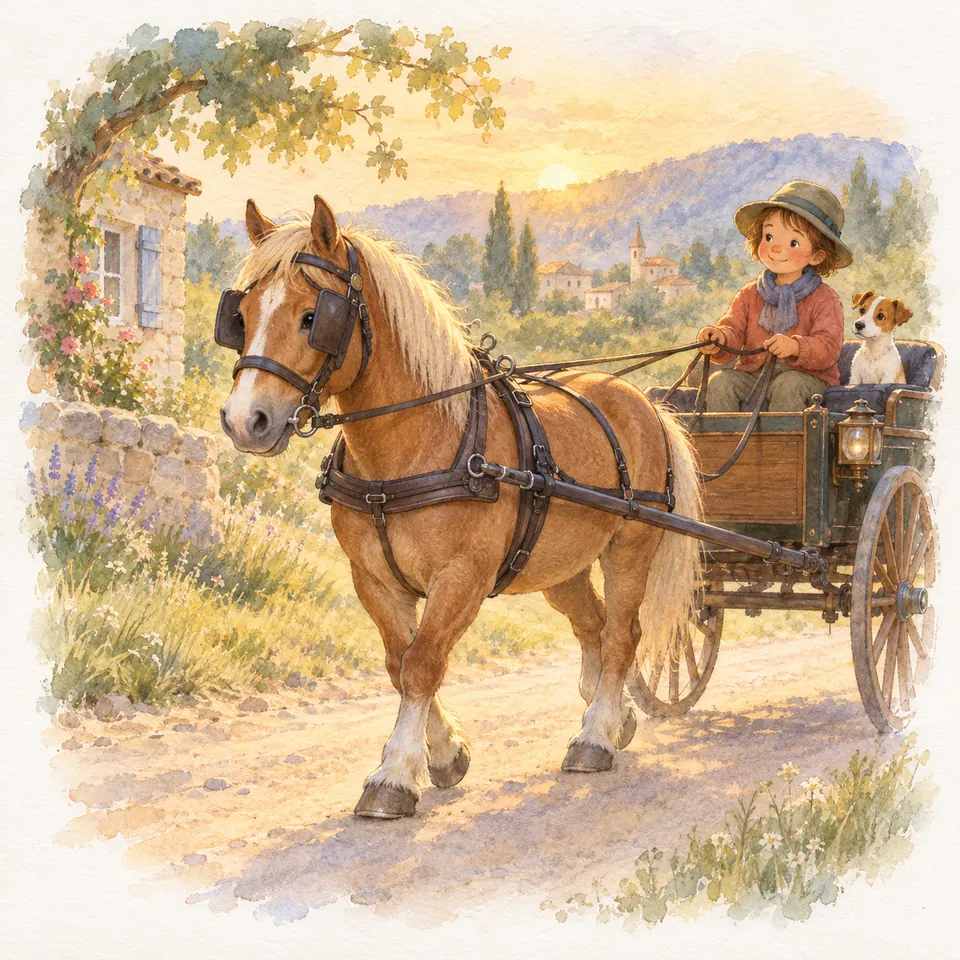 Un poney palomino portant des œillères tire une voiture menée par un enfant, avec un chien à ses côtés, sur un chemin