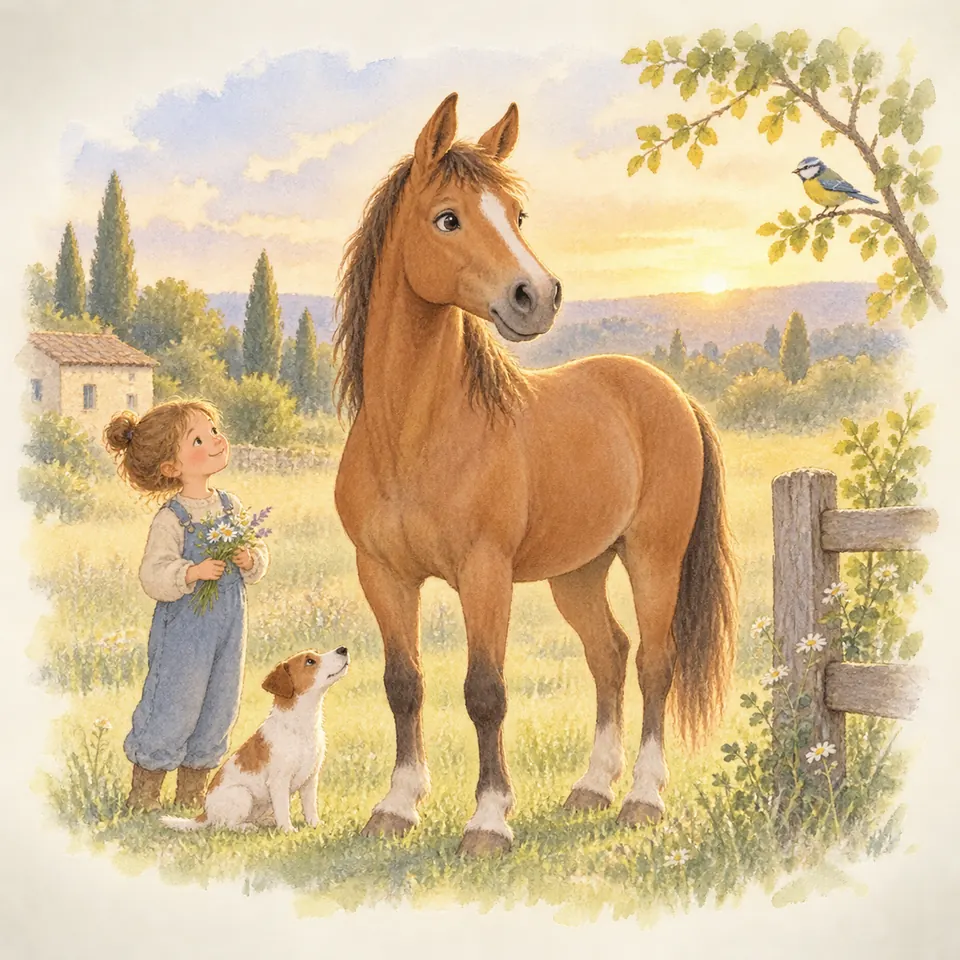 Un cheval bai dresse les oreilles près d’une enfant et d’un chien dans un pré, tandis qu’un oiseau se pose sur une branche