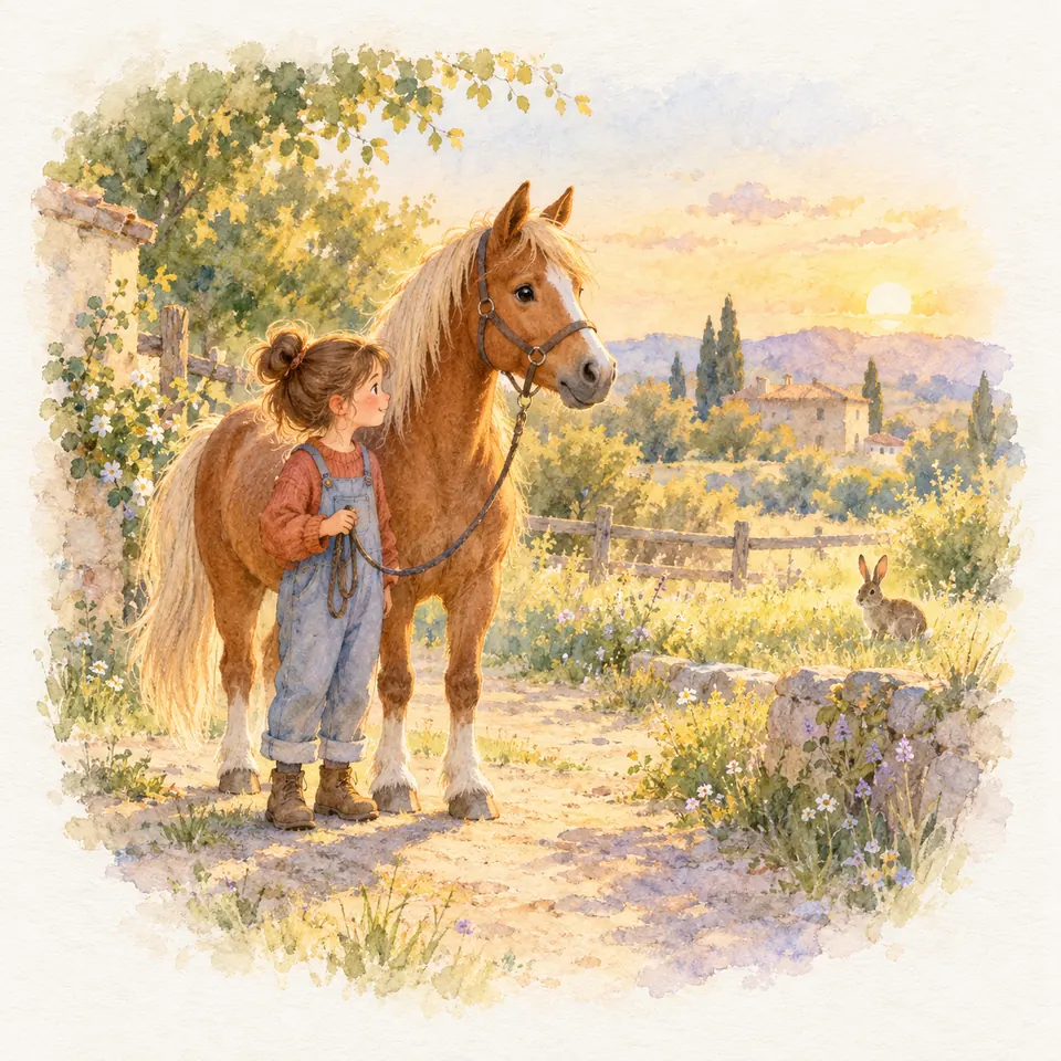 Une enfant tient en longe un poney palomino aux oreilles pointées vers un lapin, sur un chemin bordé de fleurs