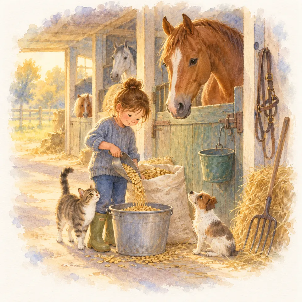 Une enfant verse des grains d’orge dans un seau devant le box d’un cheval alezan, près d’un chat et d’un chien