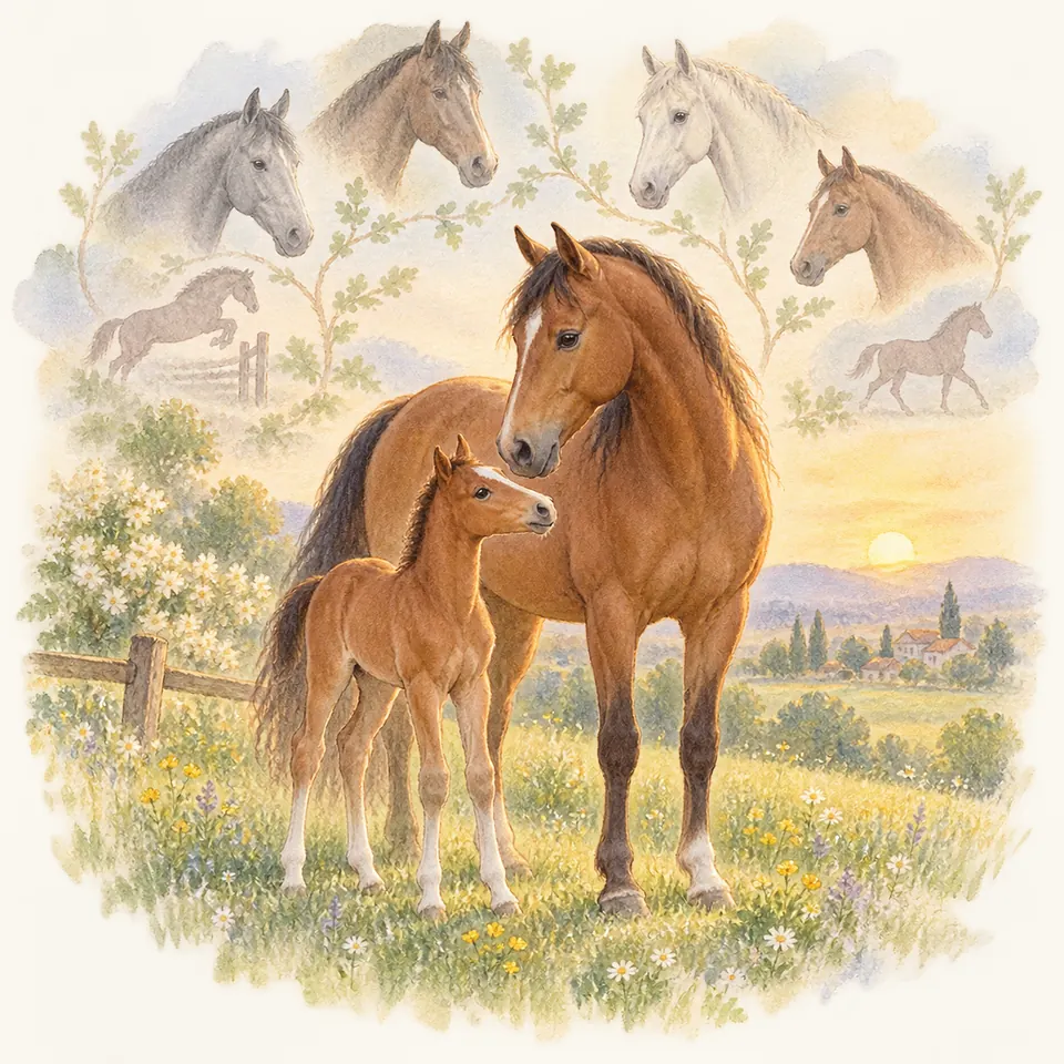Un cheval bai et un poulain se tiennent dans un pré fleuri, sous plusieurs têtes de chevaux aux robes différentes