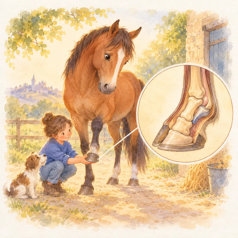 Une enfant soutient le sabot levé d’un cheval bai dans une cour, à côté d’une coupe anatomique montrant les os du pied