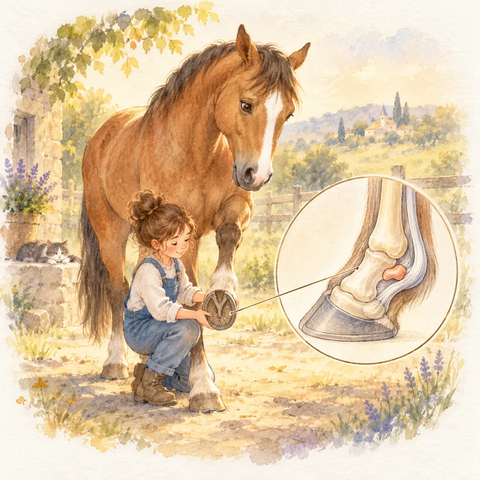 Une enfant tient le sabot d’un cheval bai, près d’une coupe anatomique du pied où l’os naviculaire est coloré en orange