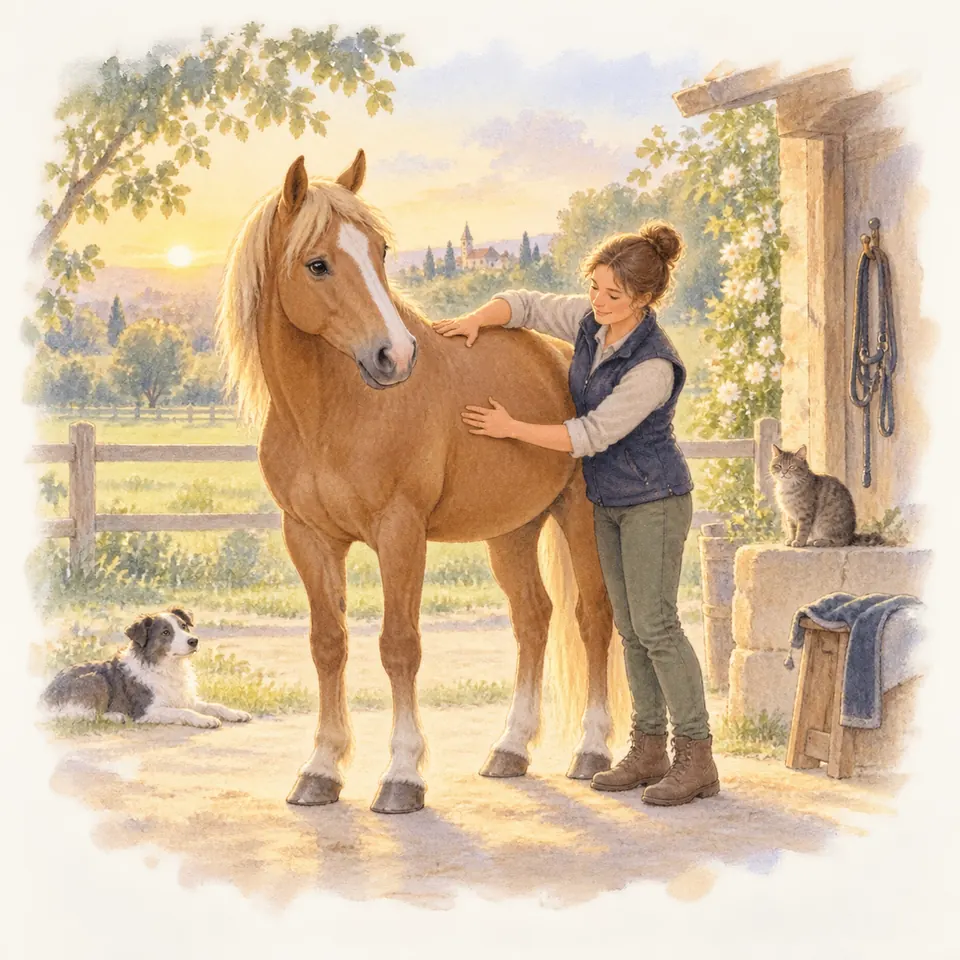 Une femme pose les mains sur le dos et le flanc d’un cheval palomino dans une cour d’écurie, près d’un chien et d’un chat