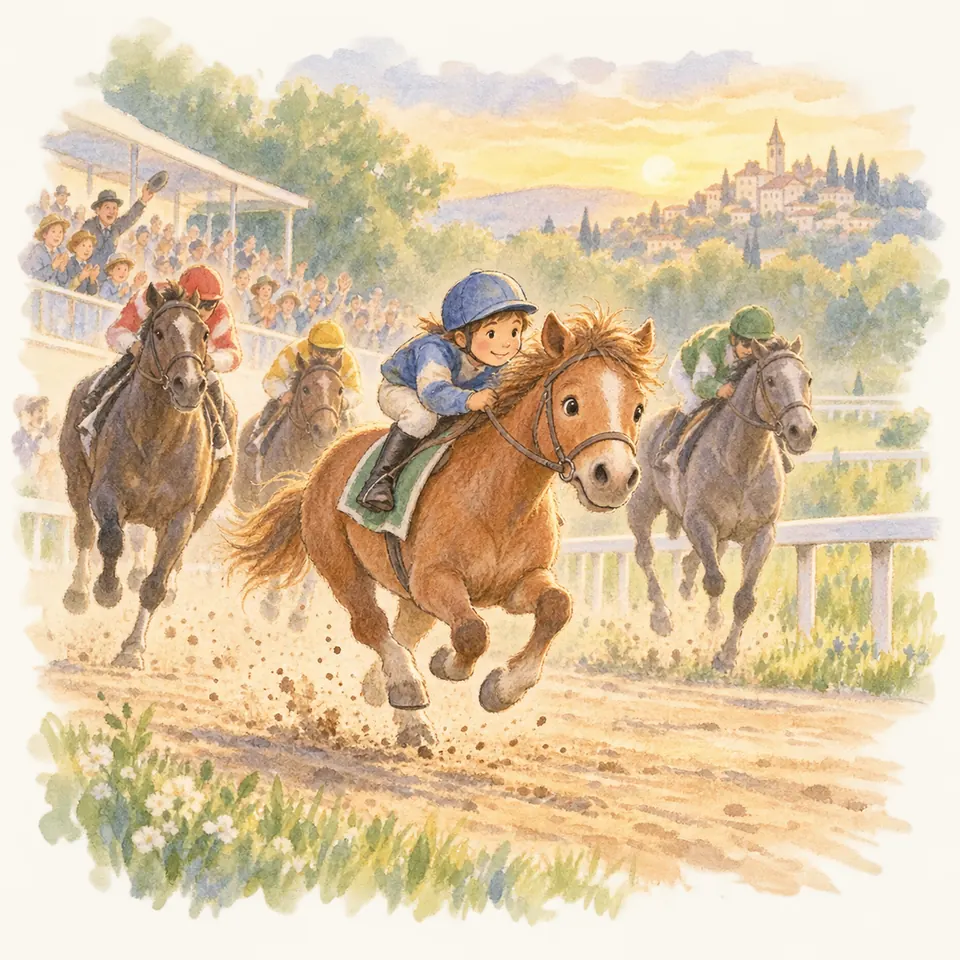 Un poney alezan monté par un jockey en bleu galope en tête d’une course, devant trois concurrents et des tribunes