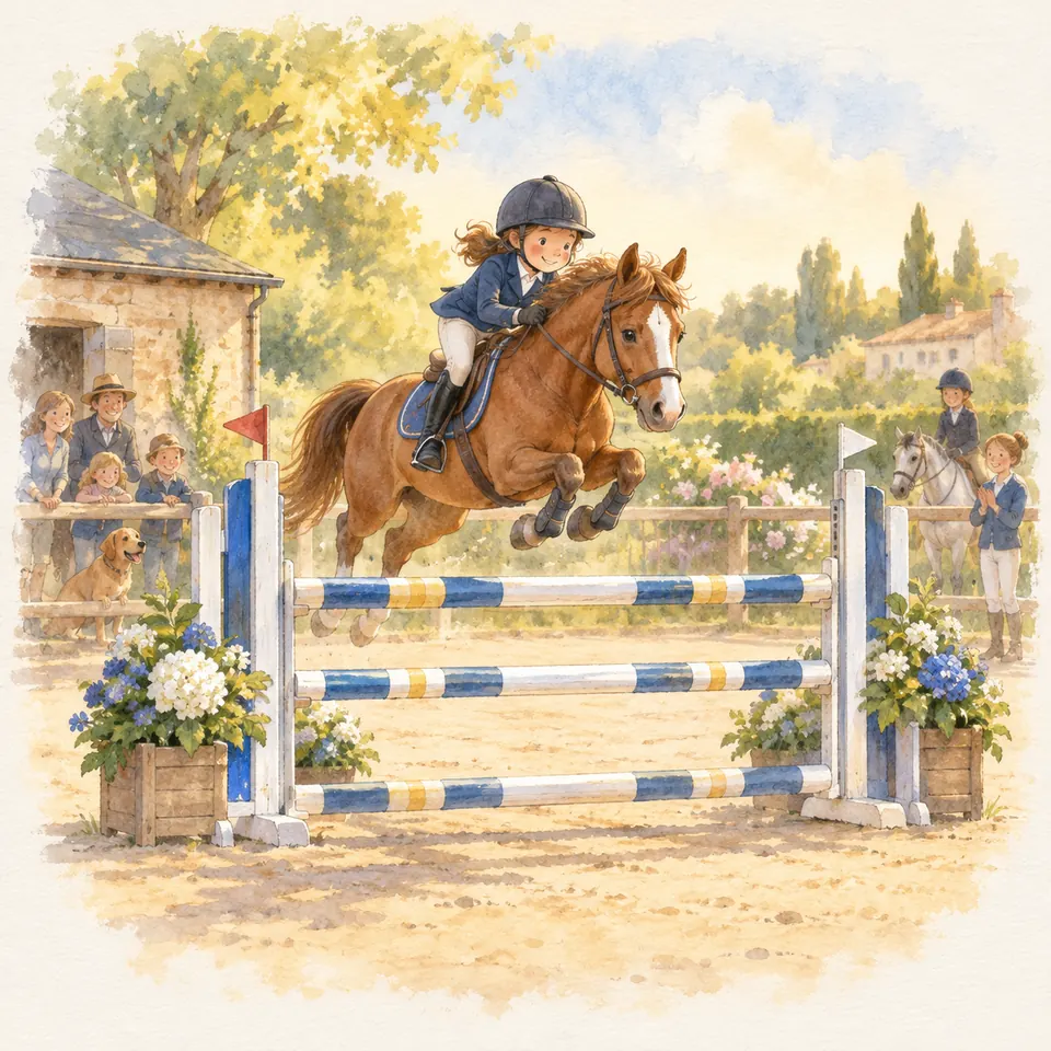 Une jeune cavalière sur un poney alezan franchit un oxer carré aux barres bleues, blanches et jaunes devant des spectateurs