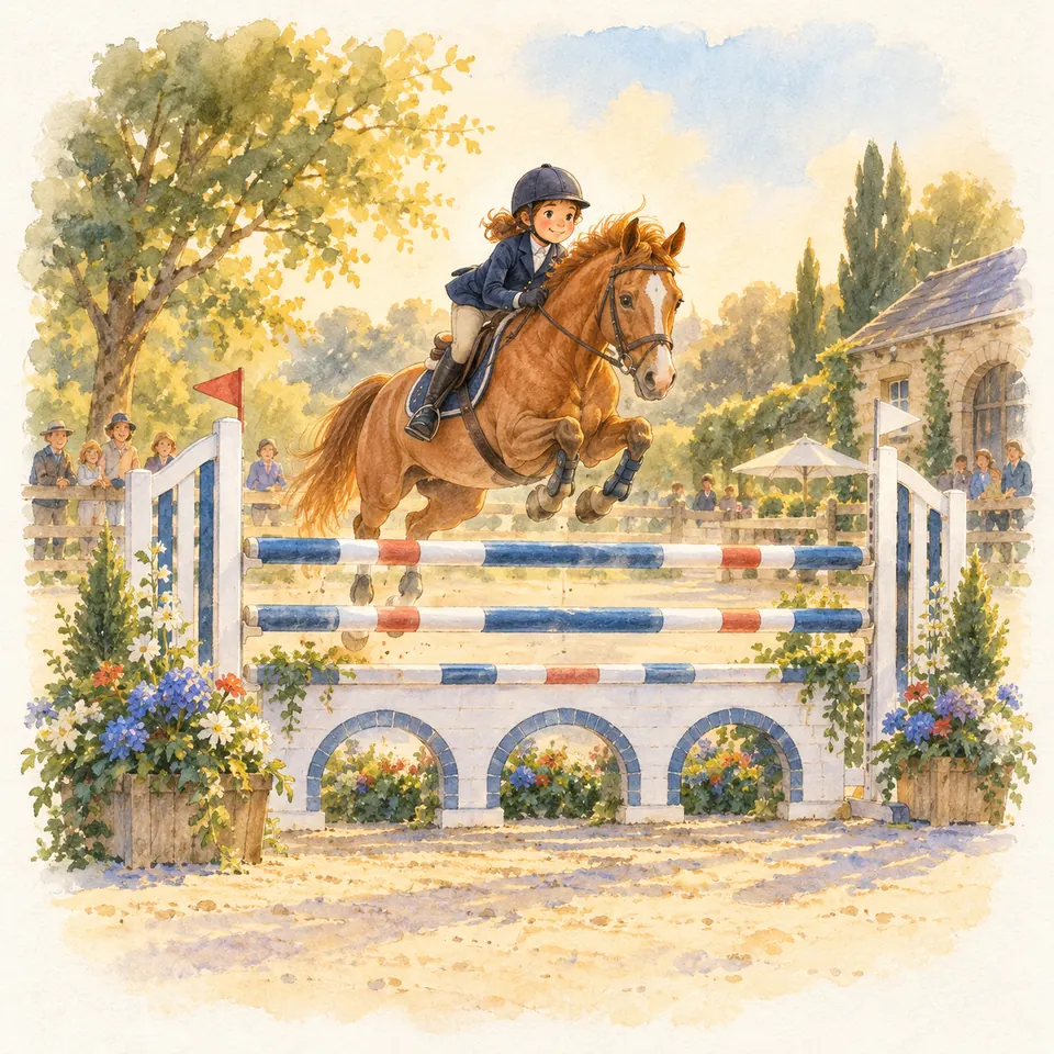 Une jeune cavalière sur un poney alezan saute un oxer à soubassement en arches, entre deux jardinières fleuries