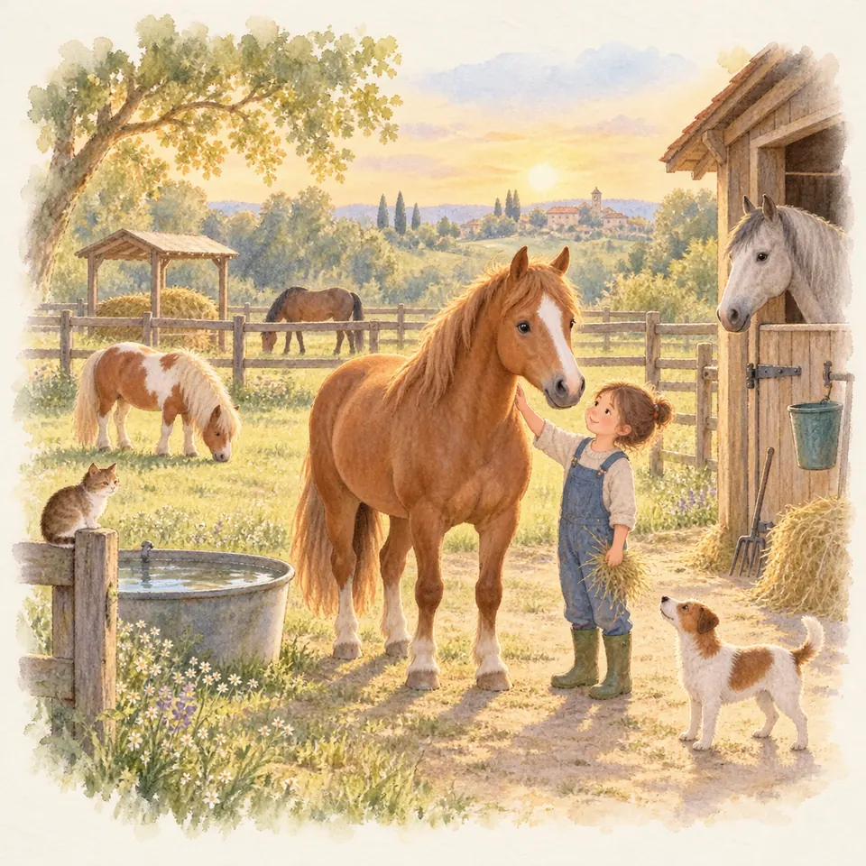 Une enfant caresse un poney alezan dans un paddock clôturé, près d’un poney pie et d’un cheval gris au box
