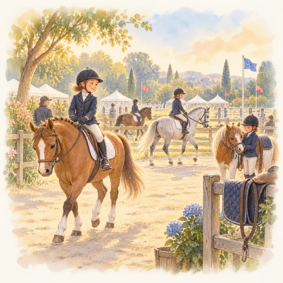 Des cavaliers montent des chevaux alezan et gris dans un paddock de détente, tandis qu’une enfant tient un poney