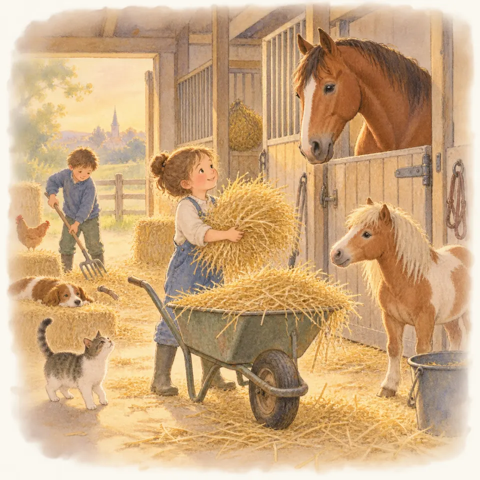 Une enfant charge de la paille dans une brouette à l’écurie, près d’un poney pie et d’un cheval bai au box